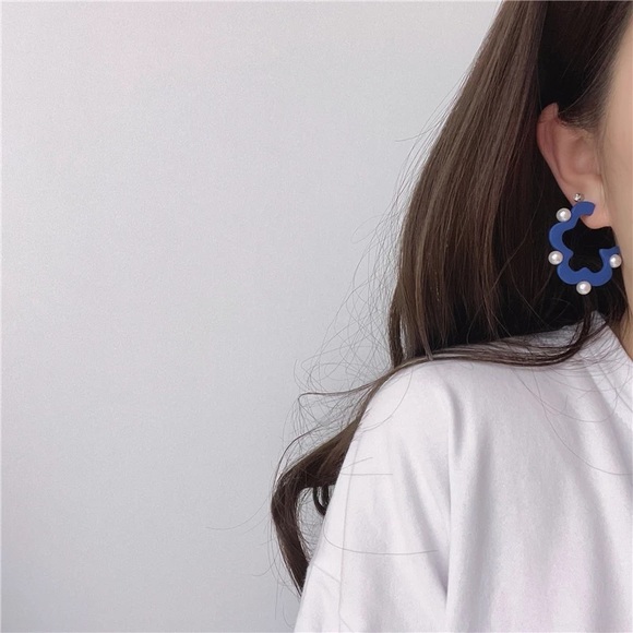 Anthro Cobalt Blue Dopamine Clothes Boho Checked Floral Stud Earrings Jewelry - Picture 8 of 16